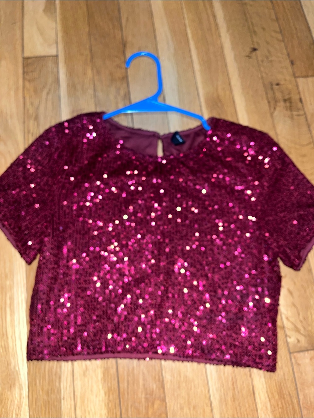 Women’s Wine Rhinestone Sequin Crop Top - Short Sleeve (Small)